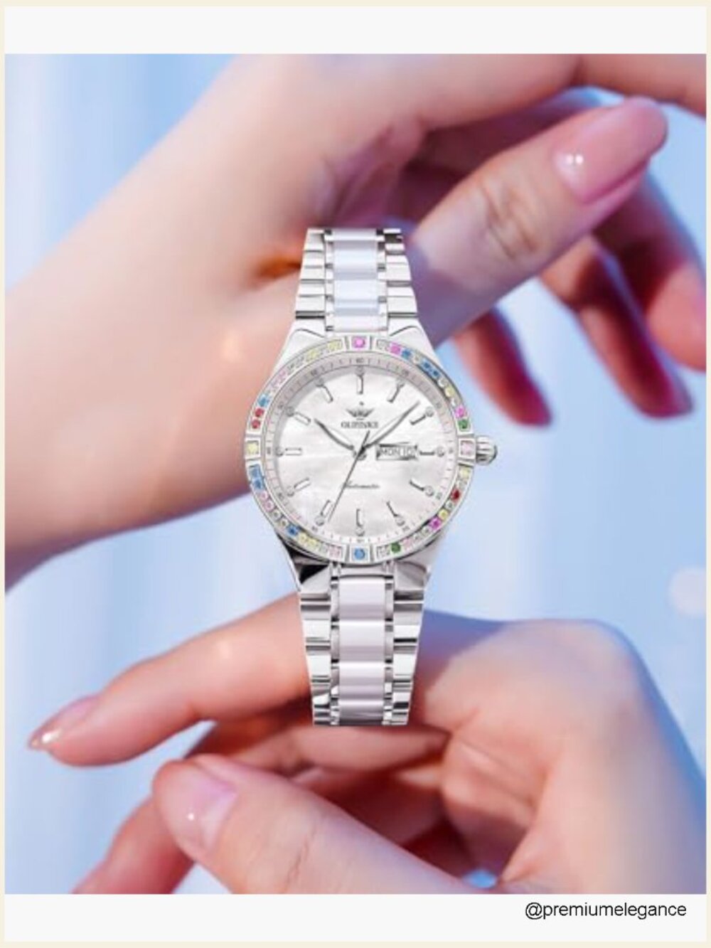 Women's Automatic Watch Skeleton Dial Diamond Bezel Stainless Steel Ceramic 33mm - Picture 4 of 7